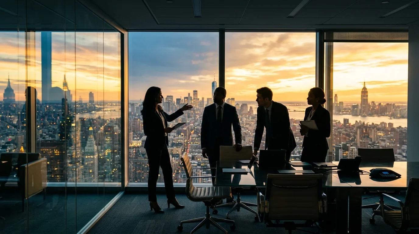 Business professionals in conference room overlooking city skyline