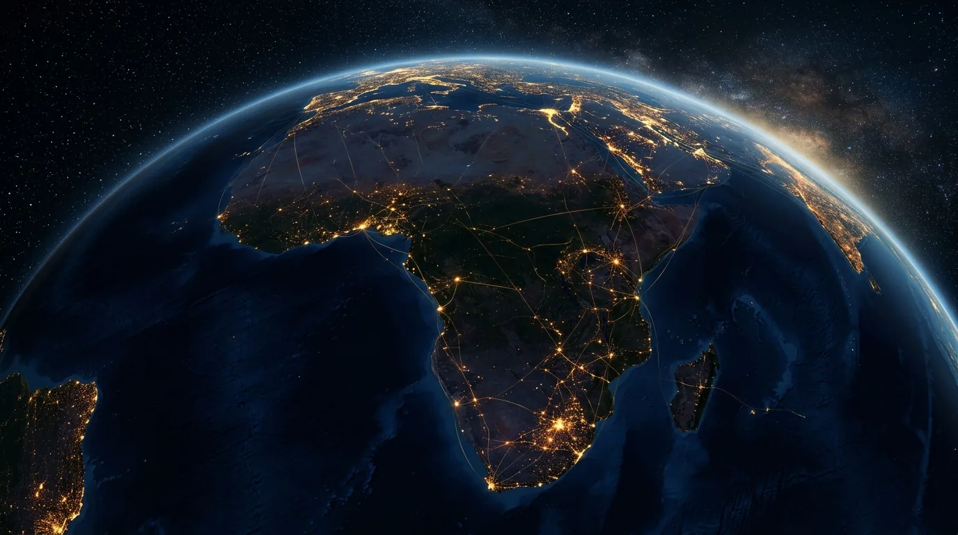 Africa at night from space showing city lights and trade connections