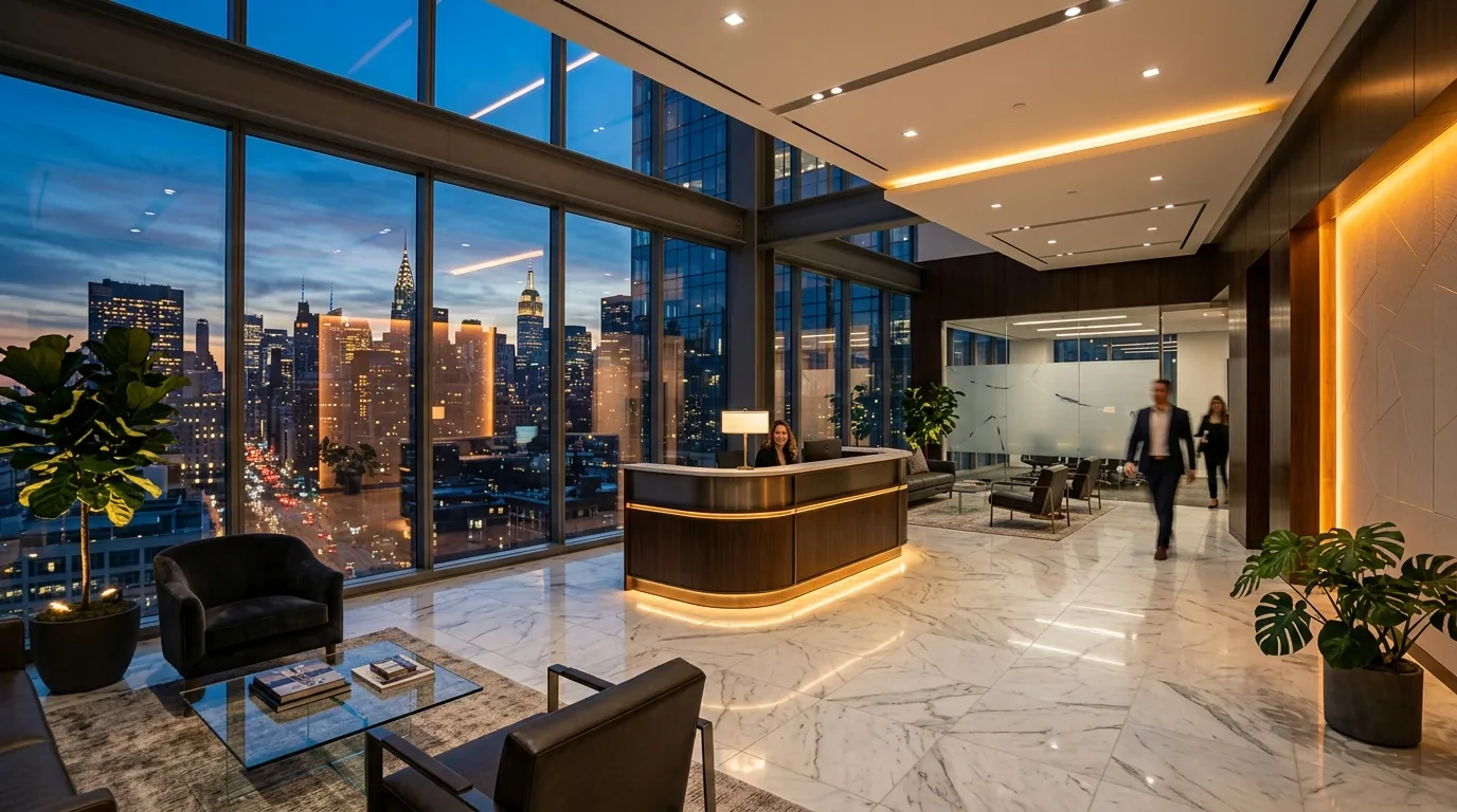 Modern corporate office with city skyline view at dusk
