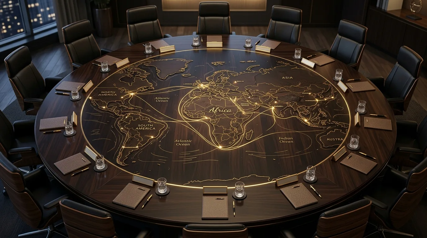 Conference table with world map showing Africa trade routes